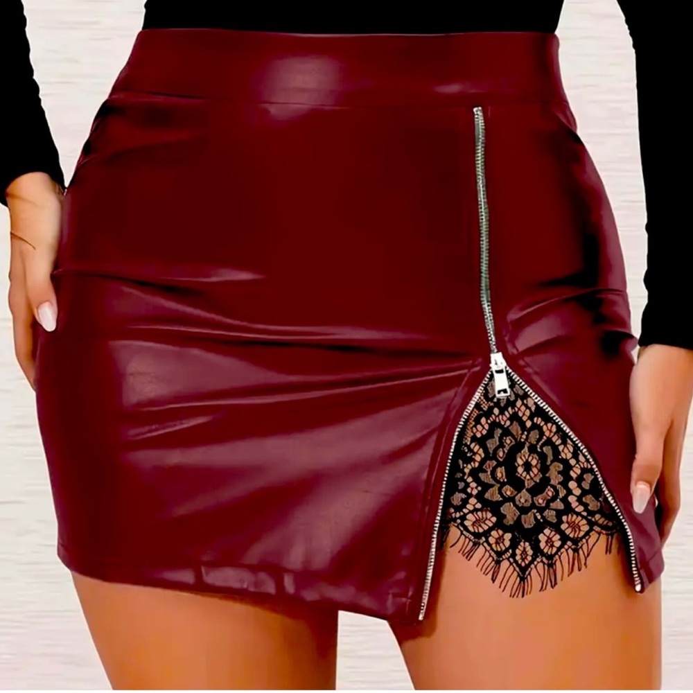 Elegant Burgundy Faux Leather Skirt with Lace Detail
